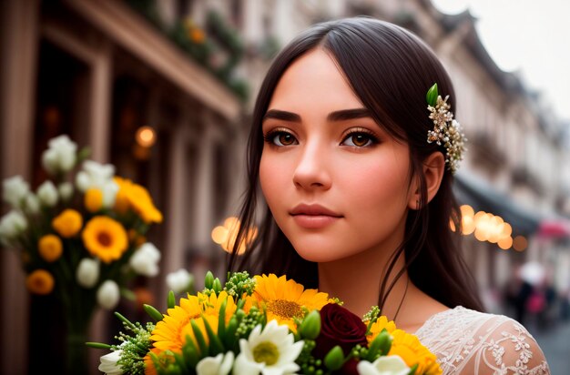 Bride with bouquet of flowers Portrait of beautiful woman in wedding dress with flower bouquet Generative AI