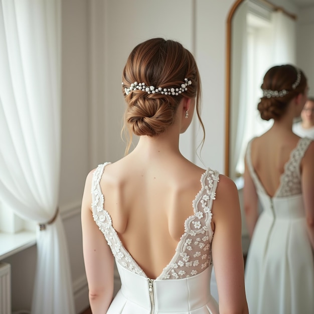 Photo a bride with a bridal hair tied in a bun and bridal hair