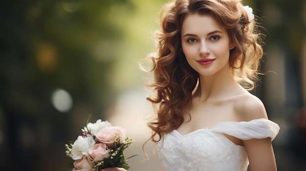 a bride with curly hair and a bouquet of roses