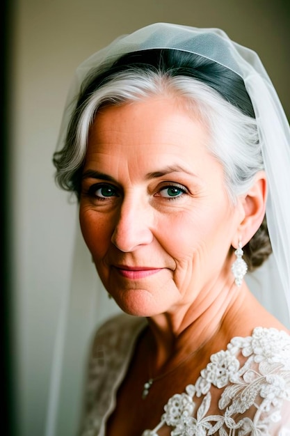 A bride with grey hair and a veil