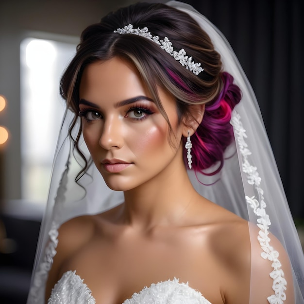 A bride with purple and pink hair and a veil wearing soft makeup