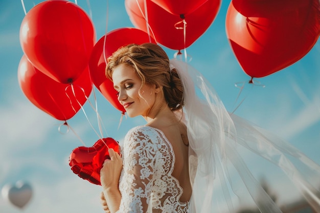 a bride with a red heart shaped balloon