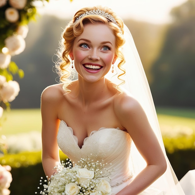 a bride with a wedding dress on and a bouquet of flowers