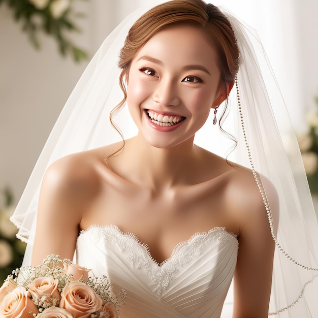 a bride with a wedding dress and a bouquet of roses