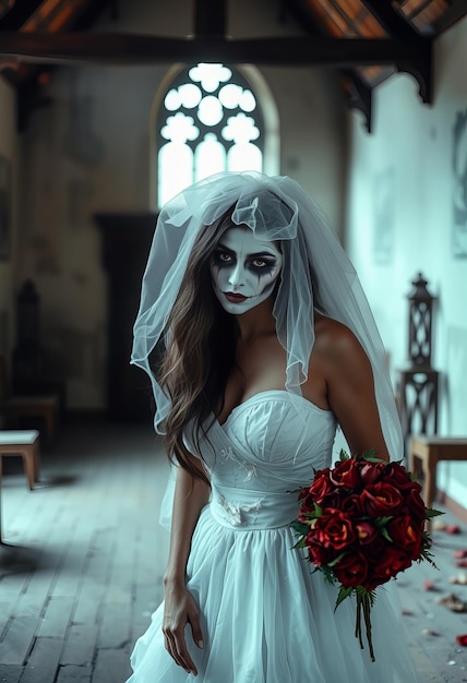 a bride with a white mask and red flowers