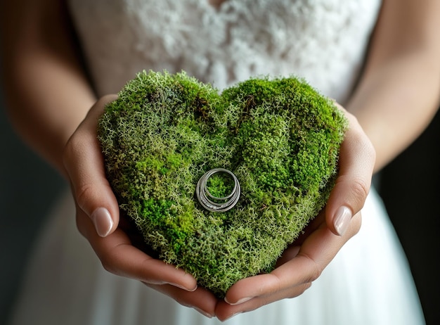 Photo bride39s hands holding a heartshaped moss cushion with wedding rings