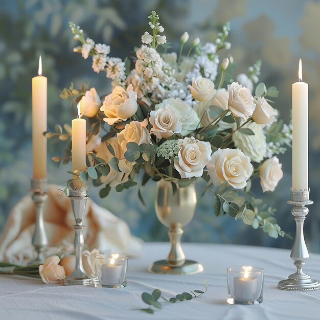 Photo the brides bouquet on the table with candles in candlesticks