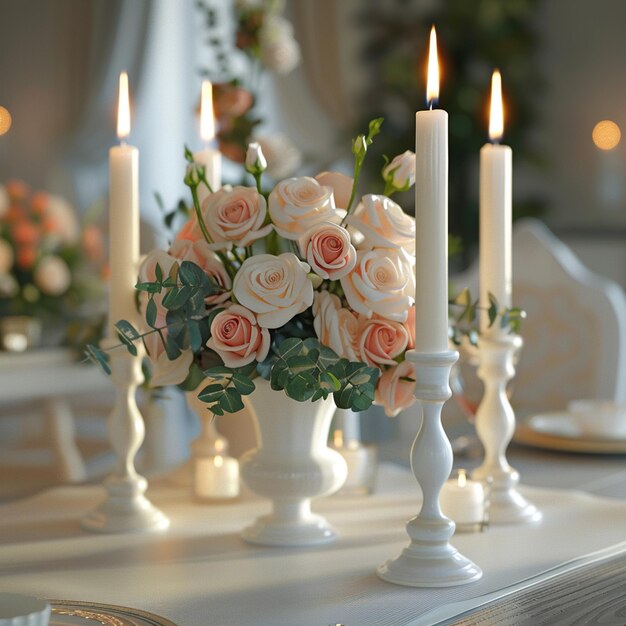 Photo the brides bouquet on the table with candles in candlesticks