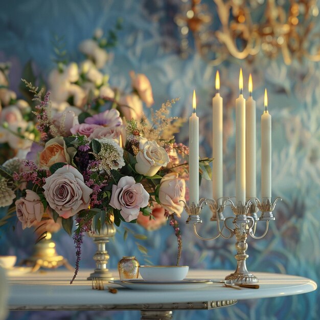 Photo the brides bouquet on the table with candles in candlesticks