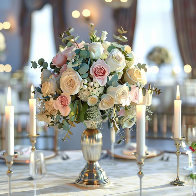 Photo the brides bouquet on the table with candles in candlesticks