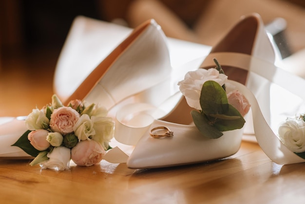 Brides shoes with decoration on wedding day preparation