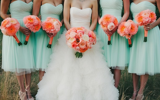 Bridesmaids holding their bouquets in a line.