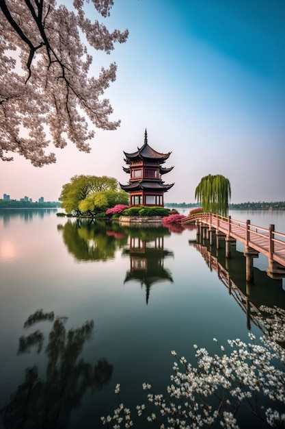 Bridge over a body of water with a pagoda in the background generative ai