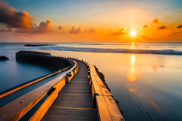 a bridge over a body of water with a sunset in the background