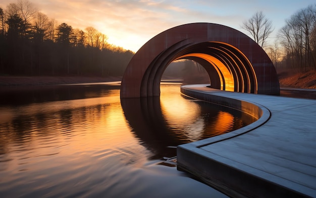 A bridge over a body of water with a sunset in the background.