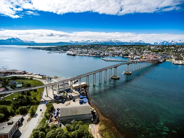 Bridge of city Tromso, Norway aerial photography. Tromso is considered the northernmost city in the world with a population above 50,000.