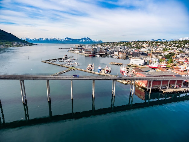 Bridge of city Tromso, Norway aerial photography. Tromso is considered the northernmost city in the world with a population above 50,000.