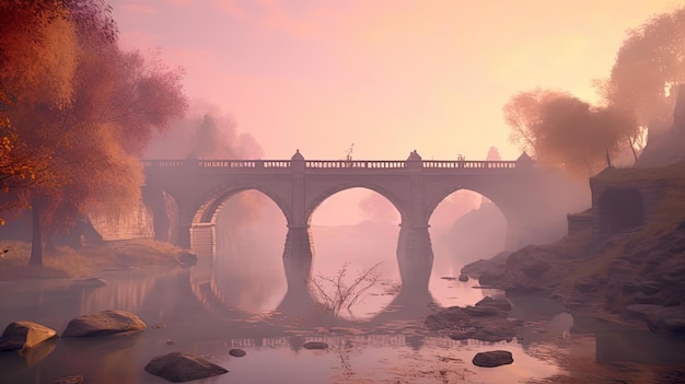 a bridge crossing a river with some fog over it in the style of heidelberg school