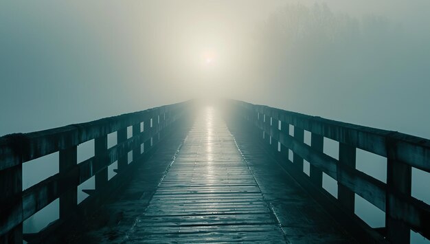 A bridge in fog with a bright sun shining The concept of mysticism and the unknown