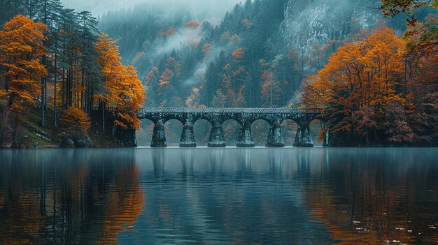 a bridge in the forest with a reflection of trees in the water