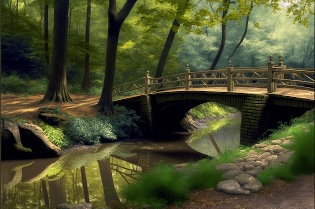 A bridge in the forest with trees and water