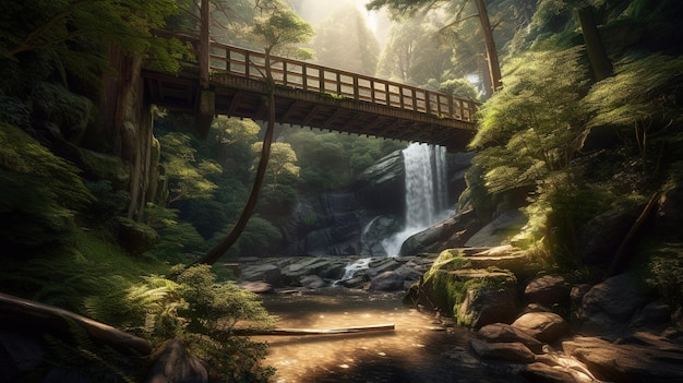 A bridge in a forest with a waterfall in the background