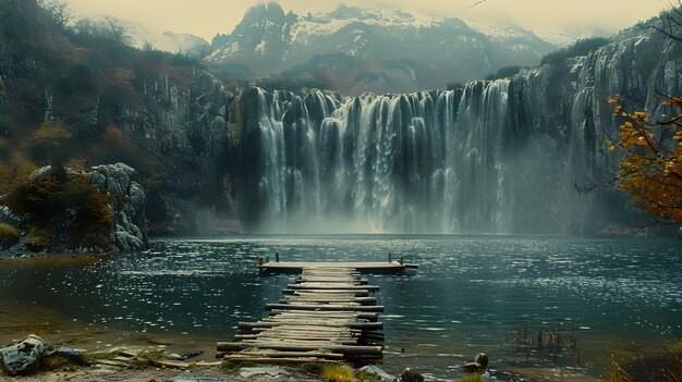 Photo a bridge in front of a waterfall that is in front of a mountain