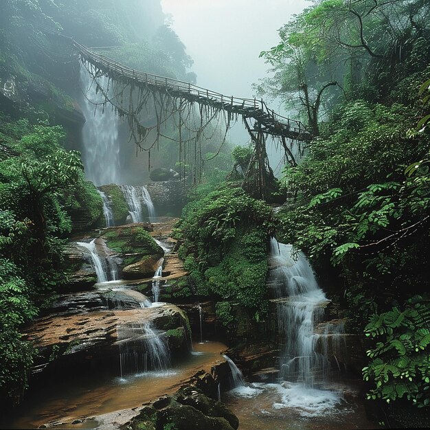 Photo a bridge in the jungle is made of metal and has a bridge on it