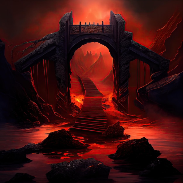 Bridge laid across burning lava river and gates of hell