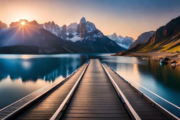 A bridge over a lake with mountains in the background