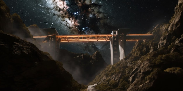 A bridge over a mountain with a starry sky in the background.