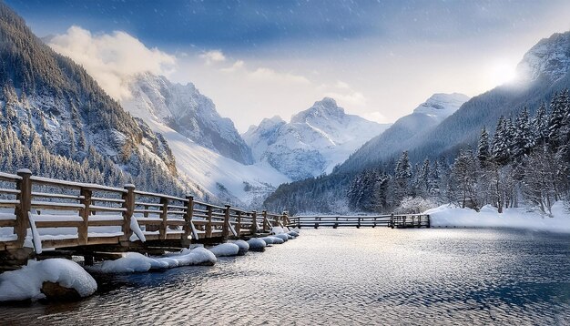 Photo bridge in the mountains with snow on the mountains