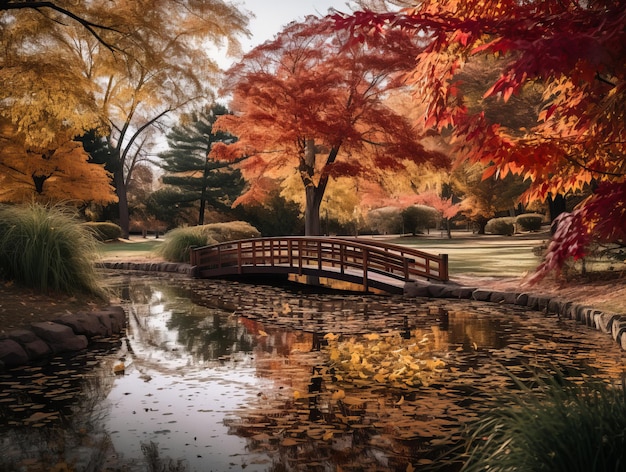 a bridge over a pond surrounded by colorful trees