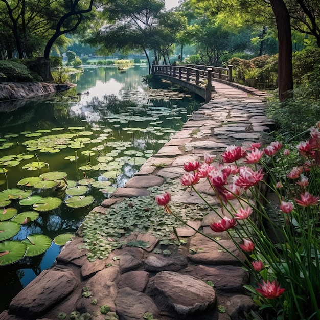 A bridge over a pond with a bridge and water lilies.