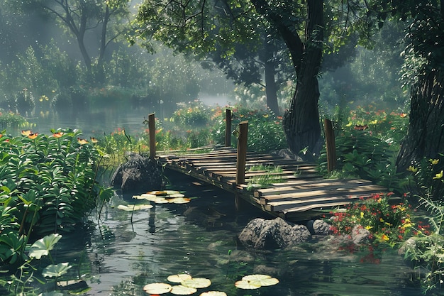 Bridge Over Pond With Lily Pads