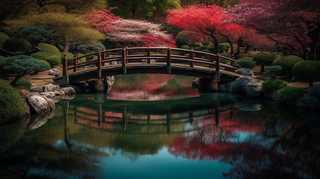 A bridge over a pond with a pond and a tree with red leaves