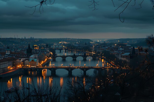 Photo a bridge over a river at night with a bridge in the background