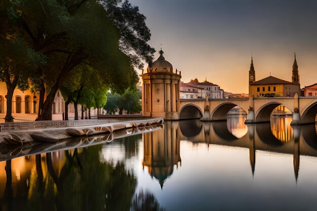 a bridge over a river at sunset