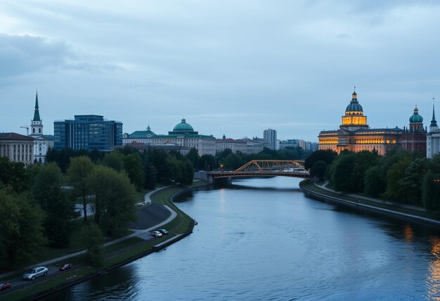 a bridge over a river with a bridge in the background