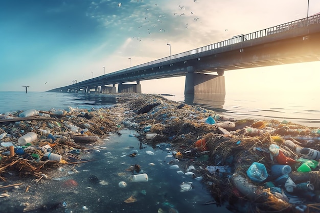 A bridge over a river with a bridge and a bridge with trash in the foreground.