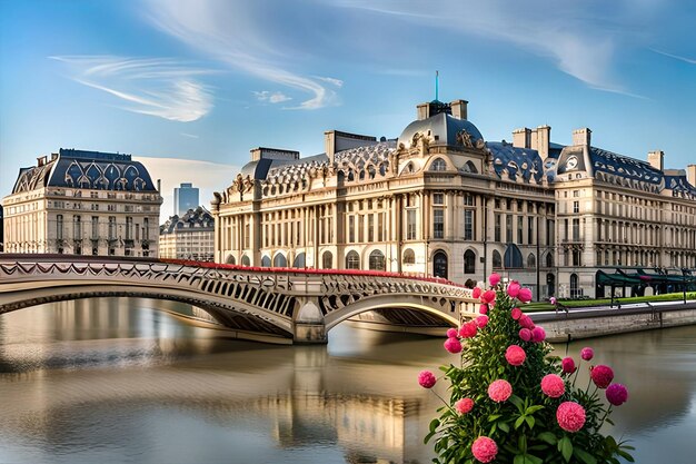 A bridge over a river with a bridge and a building with a bridge in the background