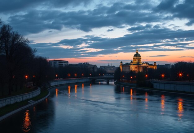 a bridge over a river with a bridge and a city in the background