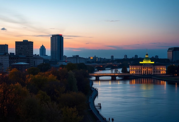 a bridge over a river with a bridge and a city in the background