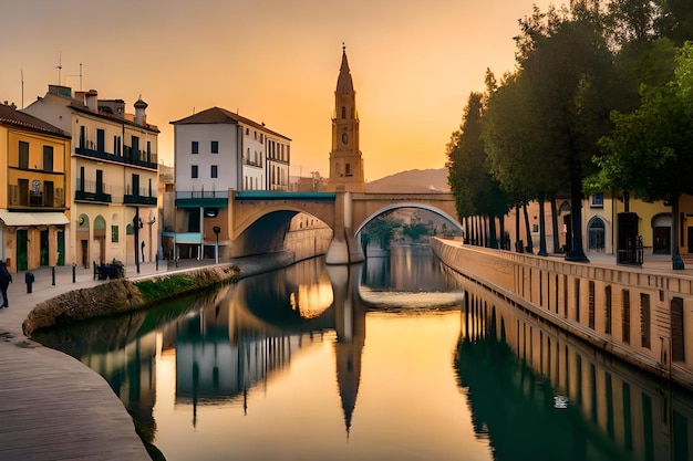 a bridge over a river with a bridge and a river with a sunset behind it.