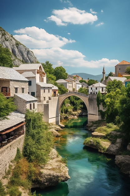 A bridge over a river with a church in the background