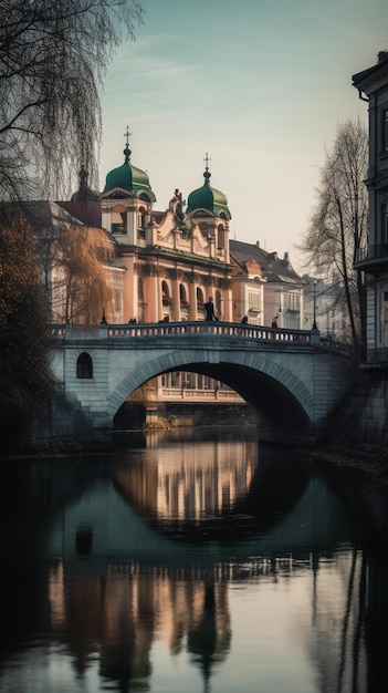 A bridge over a river with a green dome and a building with a green roof.