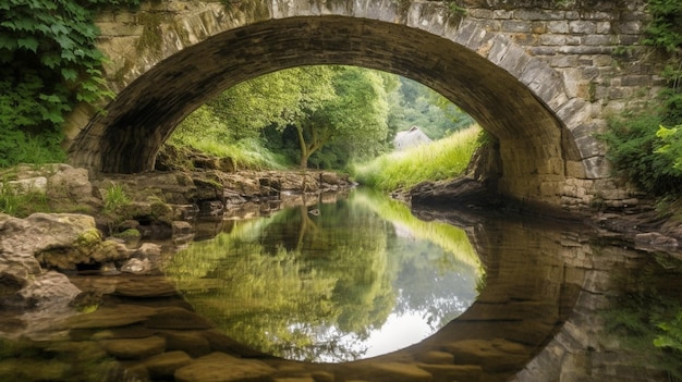 A bridge over a river with a house in the background