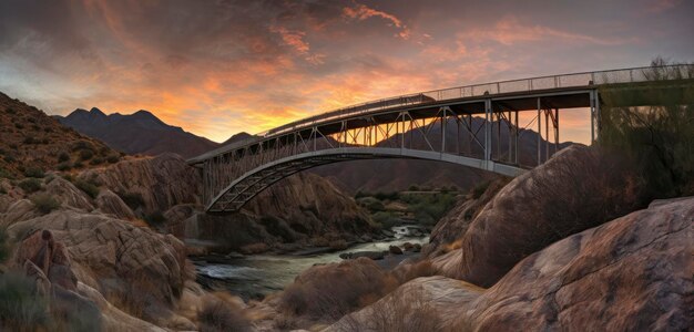 A bridge over a river with mountains in the background.