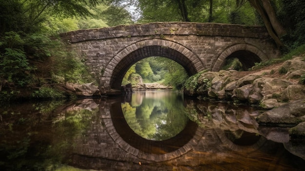 A bridge over a river with a reflection of the trees in the water.