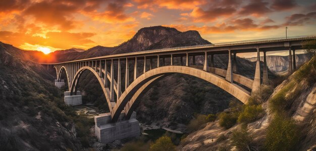 A bridge over a river with a sunset in the background